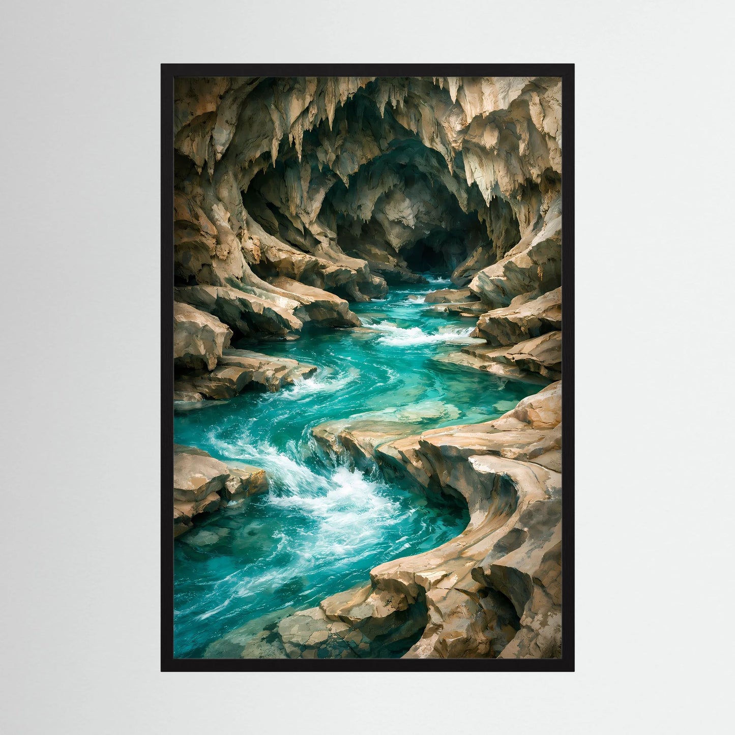 Kunstposter im Hochformat: Felsenhöhle mit türkisfarbenem Fluss und Stromschnellen