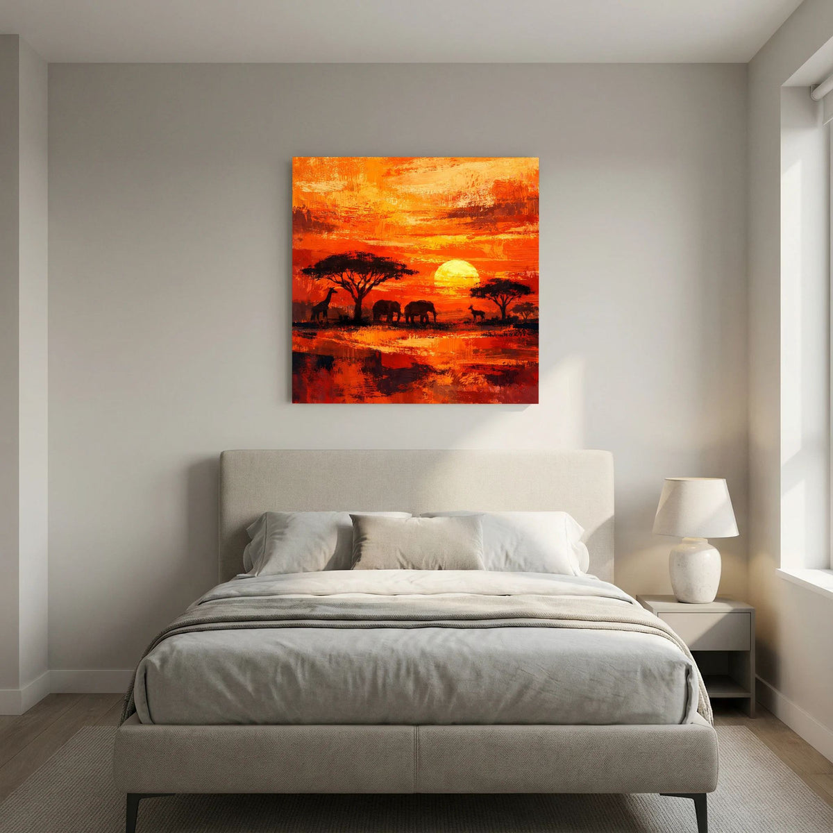 Leinwand-Wandbild mit warmem Sonnenuntergang, silhouettierte Tiere und Bäume am Wasser
