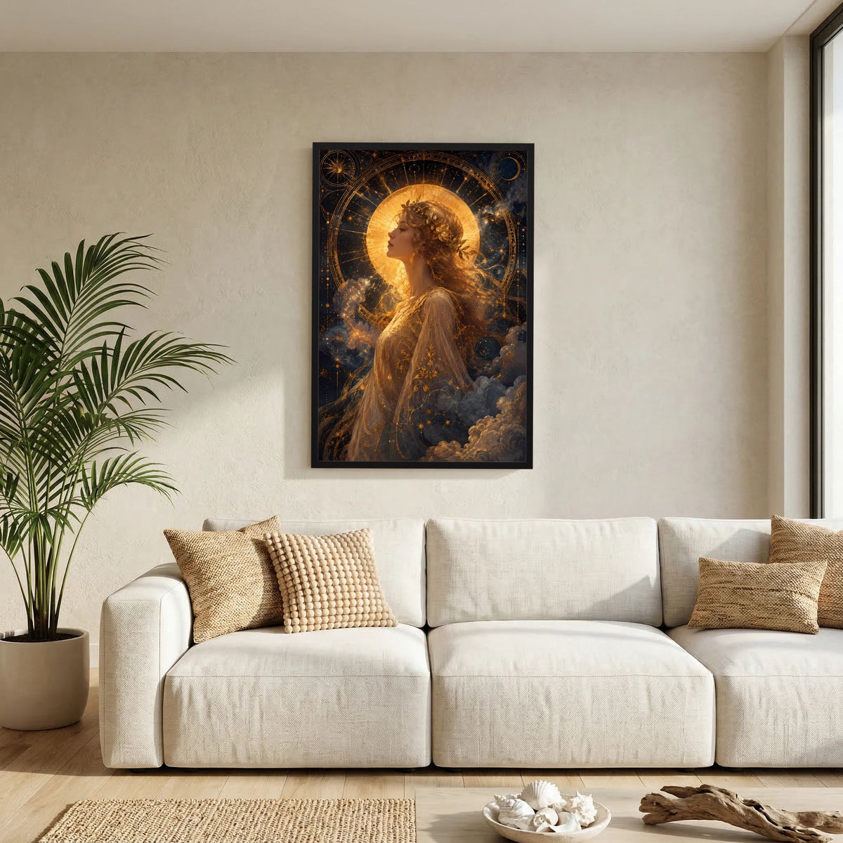 Hochformat-Poster mit goldener Frau im Profil, Sonne, Mond und Sternen im schwarzen Rahmen