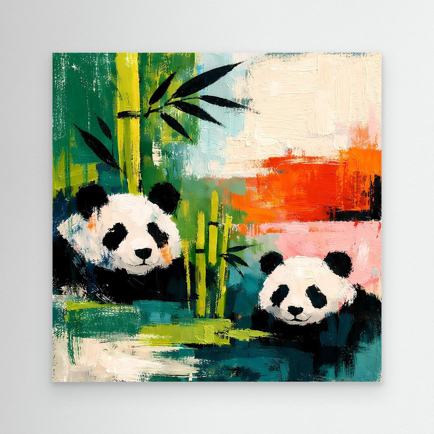 Unframed canvas wall art with two pandas in a colorful bamboo scene.