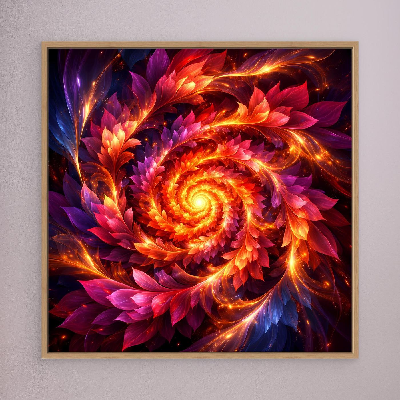 Leinwandbild mit feuriger Spirale in Orange, Rot, Lila, Holzrahmen