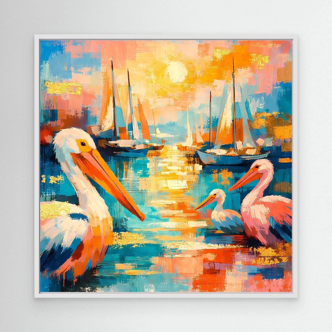 Leinwandbild mit bunten Pelikanen am Hafen und Segelbooten, im weißen Rahmen
