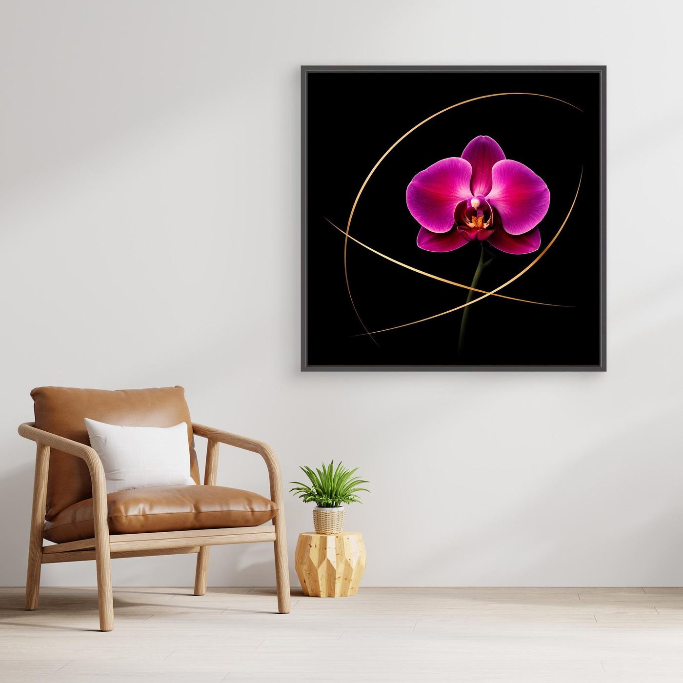 Leinwandbild Orchidee mit magenta Blüte und goldenen Bahnen, schwarzer Rahmen