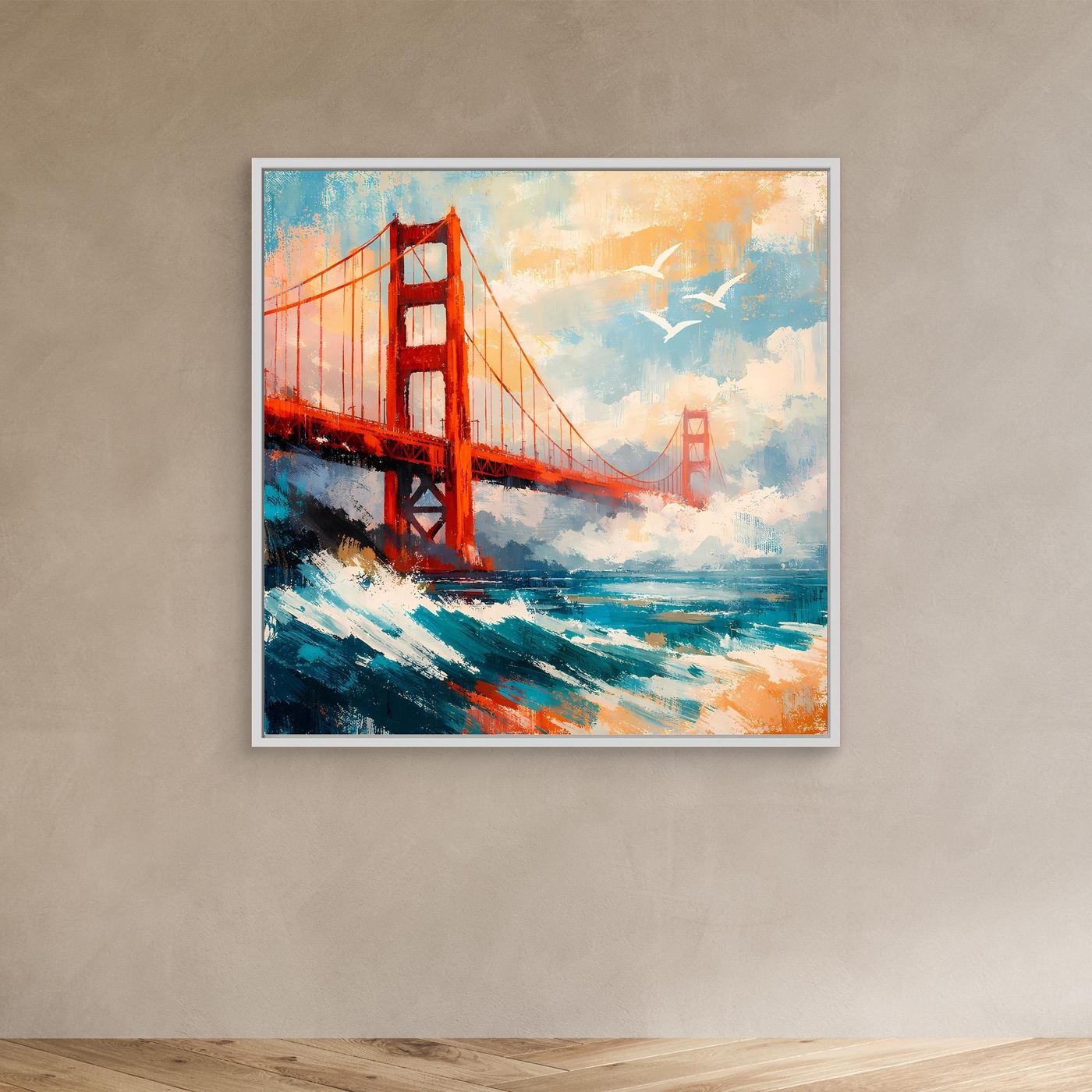 Abstraktes Leinwand-Wandbild mit Golden-Gate-Brücke, orangefarben und türkisblau, weißer Rahmen