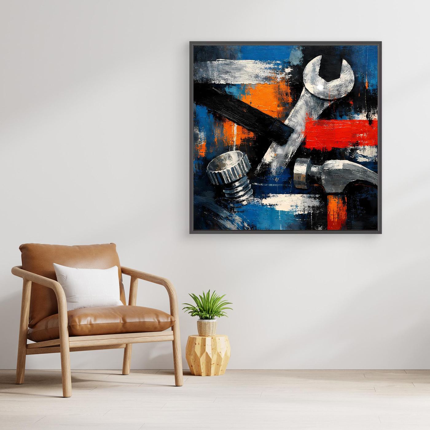 Square abstract tool wall canvas with wrench and hammer, blue, orange, and red strokes