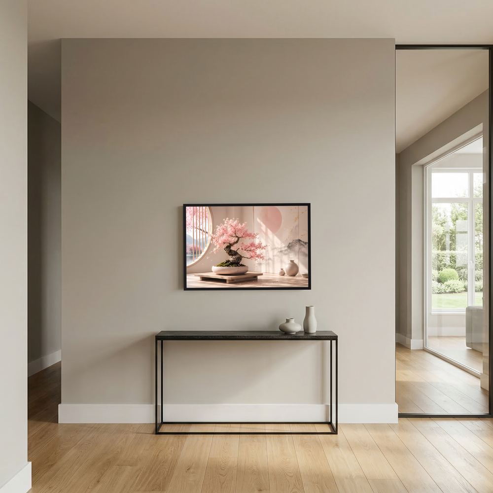 Gerahmtes Poster im Querformat mit Sakura-Bonsai und rosafarbenen Blüten an der Wand.