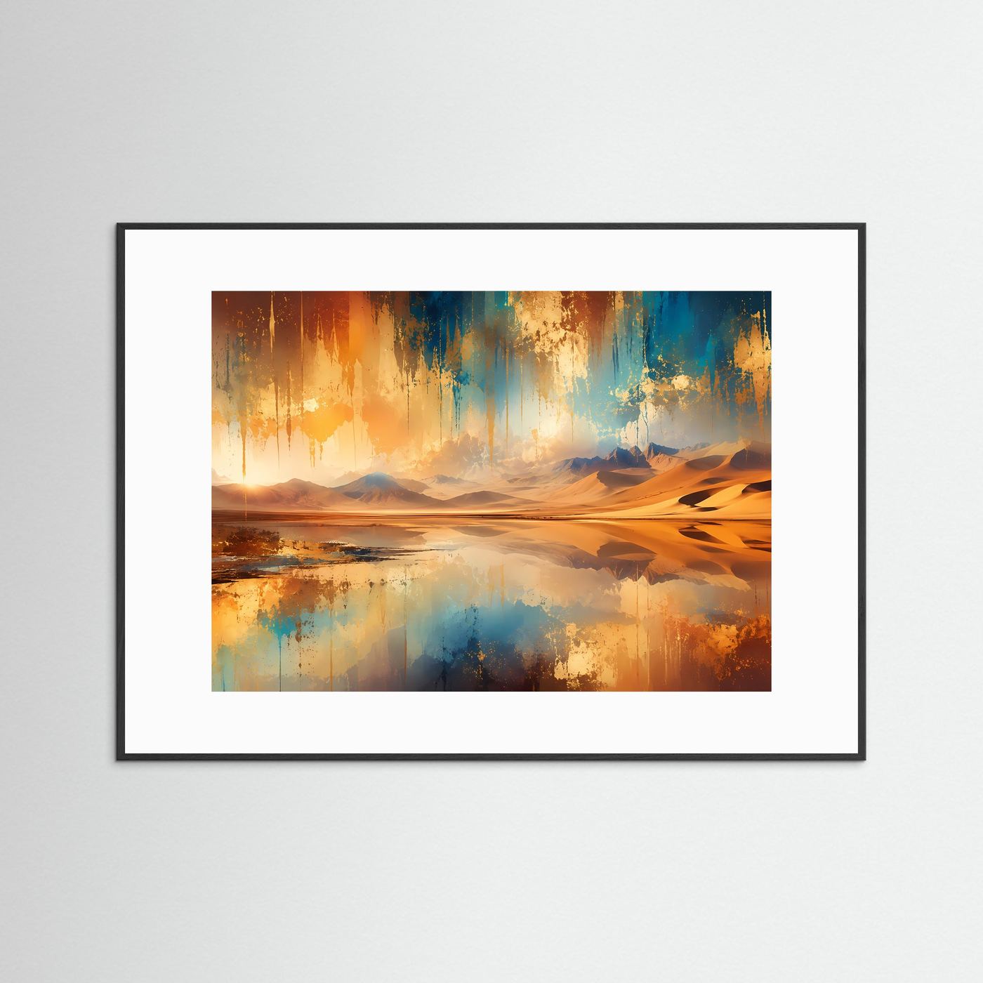 Abstrakte Wüstenlandschaft Poster Querformat | Modernes Panorama Wandbild in Gold, Blau & Sandfarben | Elegante Landschaftskunst
