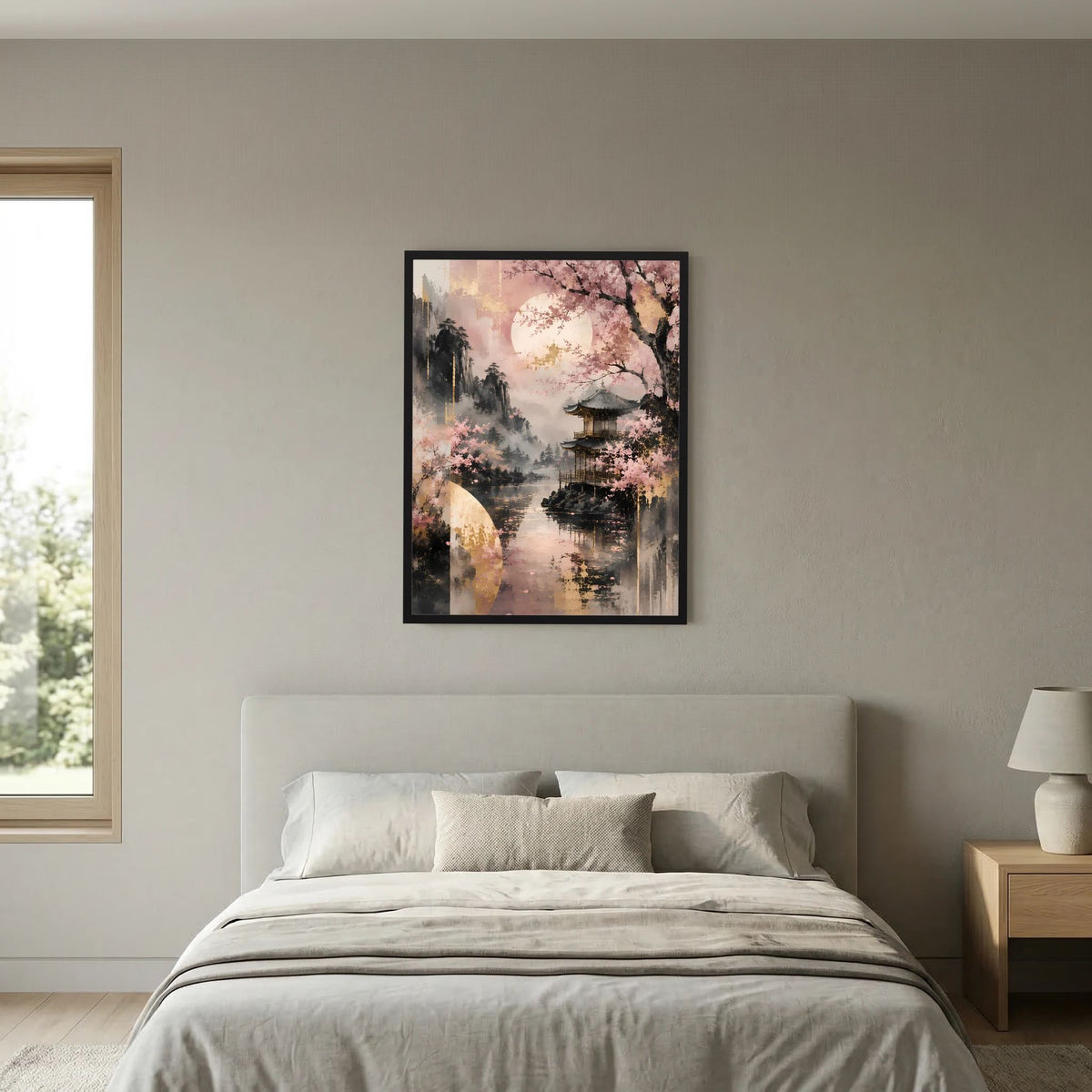 Hochformatiges Poster mit Kirschblüten und Tempel am See, goldene Mondform im Bild