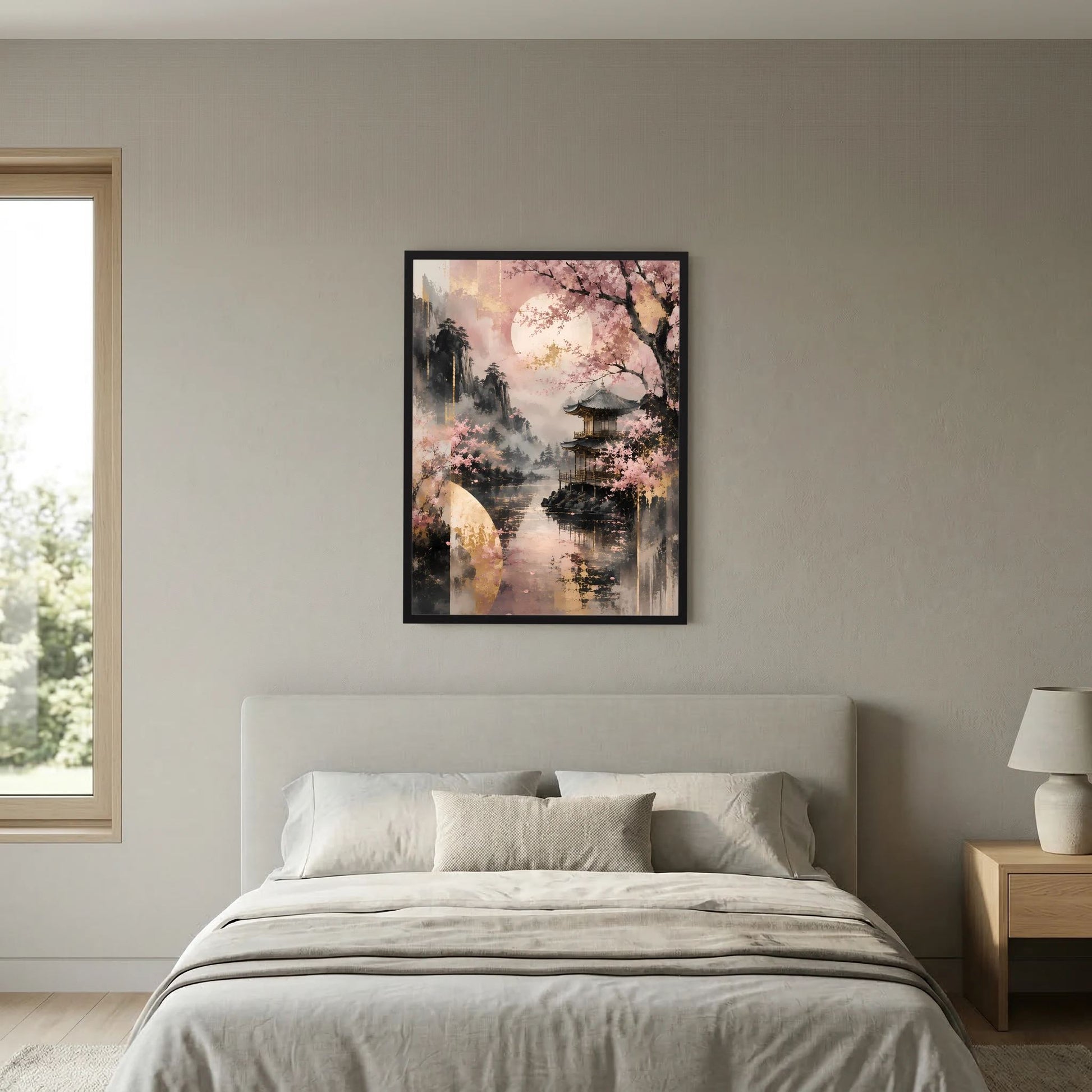 Hochformatiges Poster mit Kirschblüten und Tempel am See, goldene Mondform im Bild