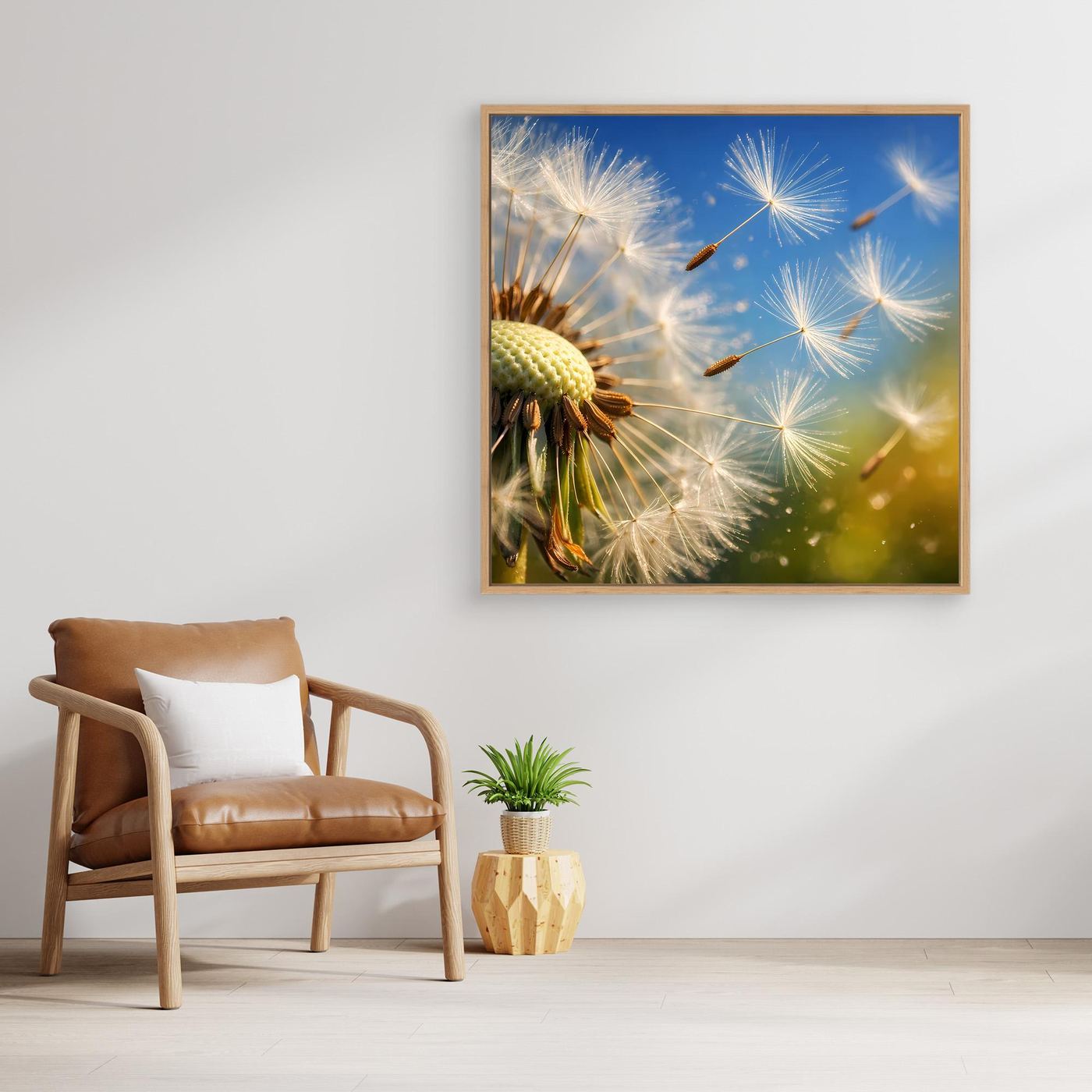 Leinwandbild mit Löwenzahn-Pusteblumen-Makro, gelb-grün und hell, blauer Hintergrund, mit hellem Holzrahmen