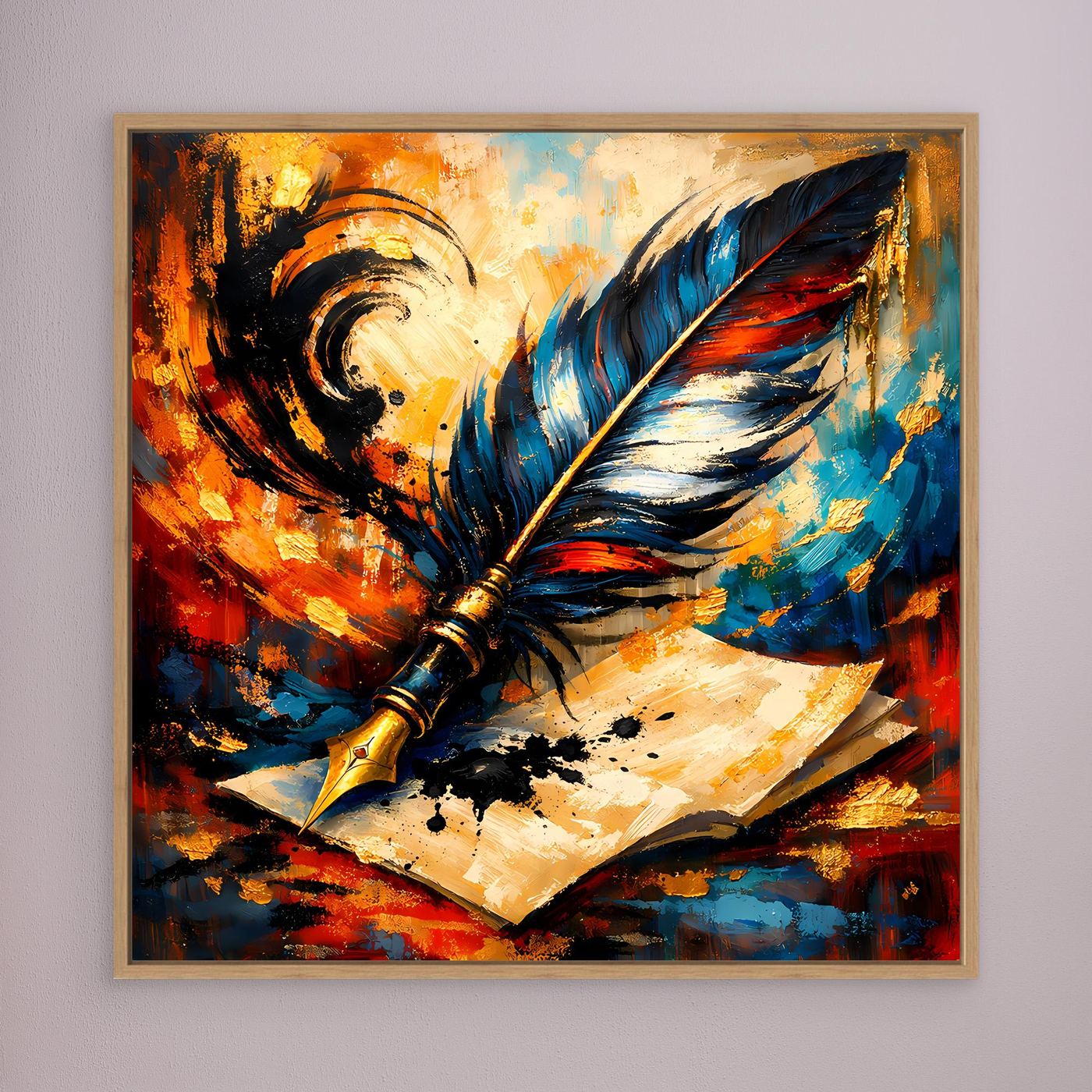 Leinwandbild mit Federkiel-Motiv in Blau, Rot und Gelb, mit Holzrahmen