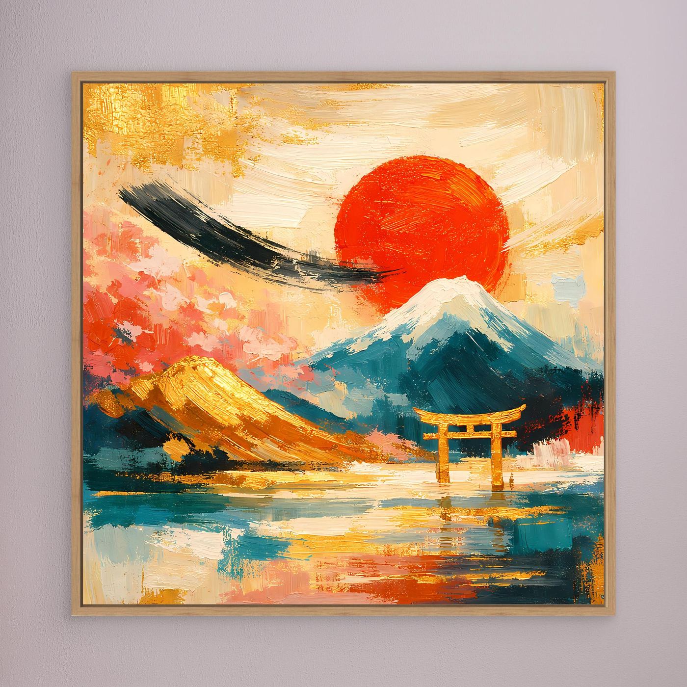 Gerahmtes Leinwandbild: Torii-Tor vor Fuji, roter Sonnenkreis, brauner Rahmen