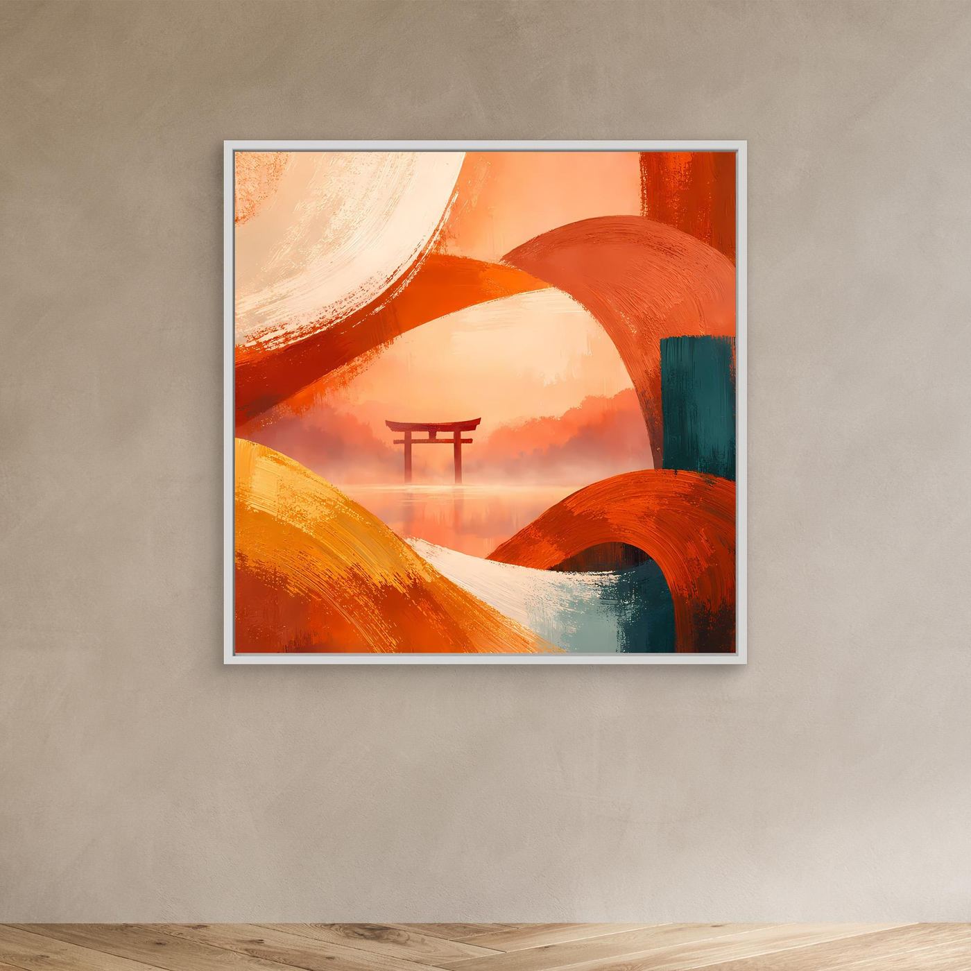 Leinwandbild mit Torii-Tor in Orange- und Türkistönen, ohne sichtbaren Rahmen an Wand.