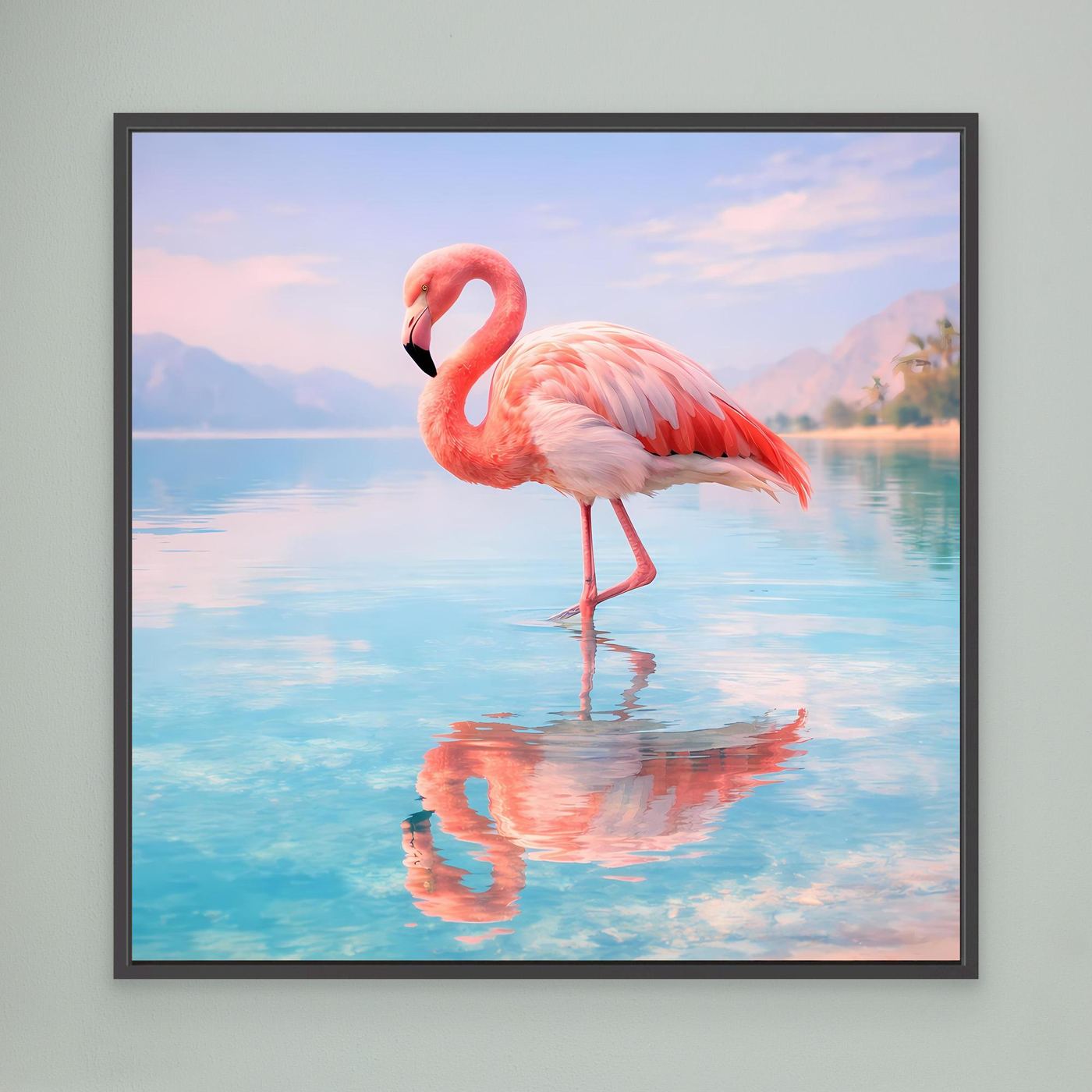Wandbild: Flamingo am See mit Spiegelung, schwarzer Rahmen