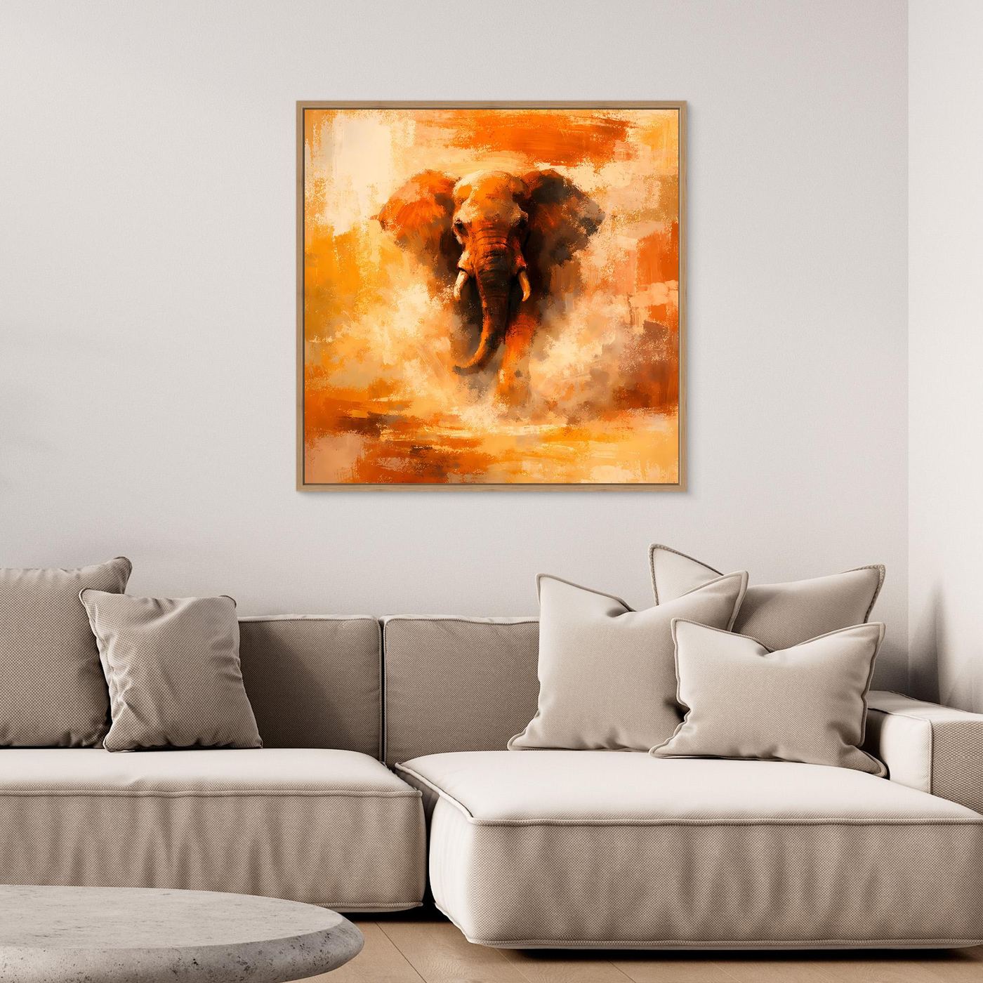 Leinwand Abstraktes Elefanten Gemälde | Modernes Kraftvolles Tier Wandbild Orange Ocker