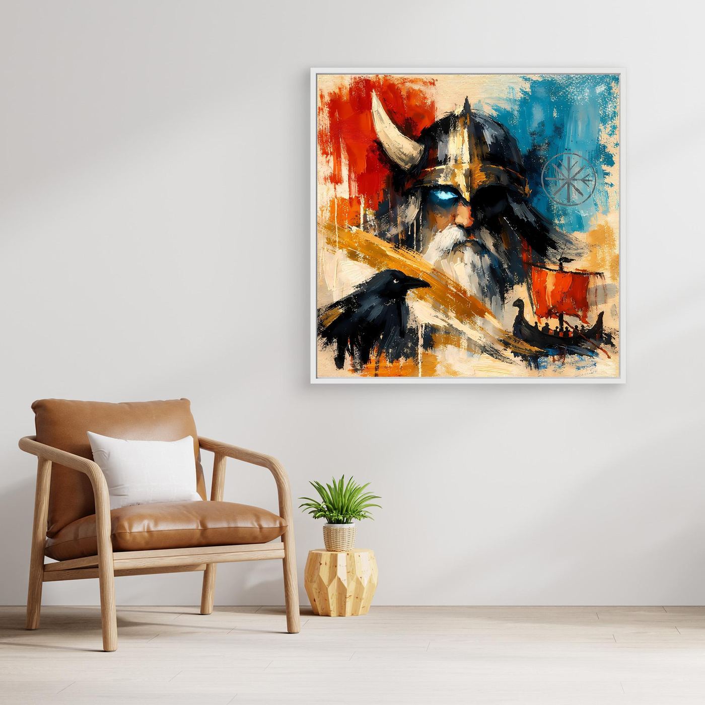 Nordic framed canvas wall art of a Viking warrior with raven, neutral frame, abstract red/blue