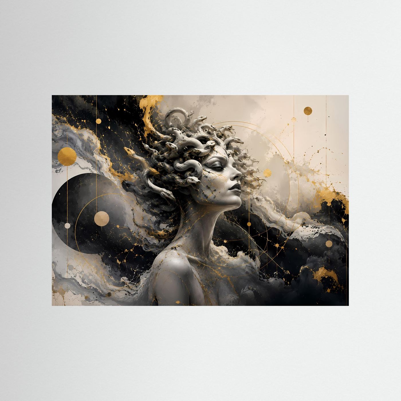 Medusa Poster Schwarz Weiß Gold | Mythologische Wandkunst | Abstrakte Gorgon Kunst | Elegantes Griechenland Portrait | Luxuriöse Leinwand