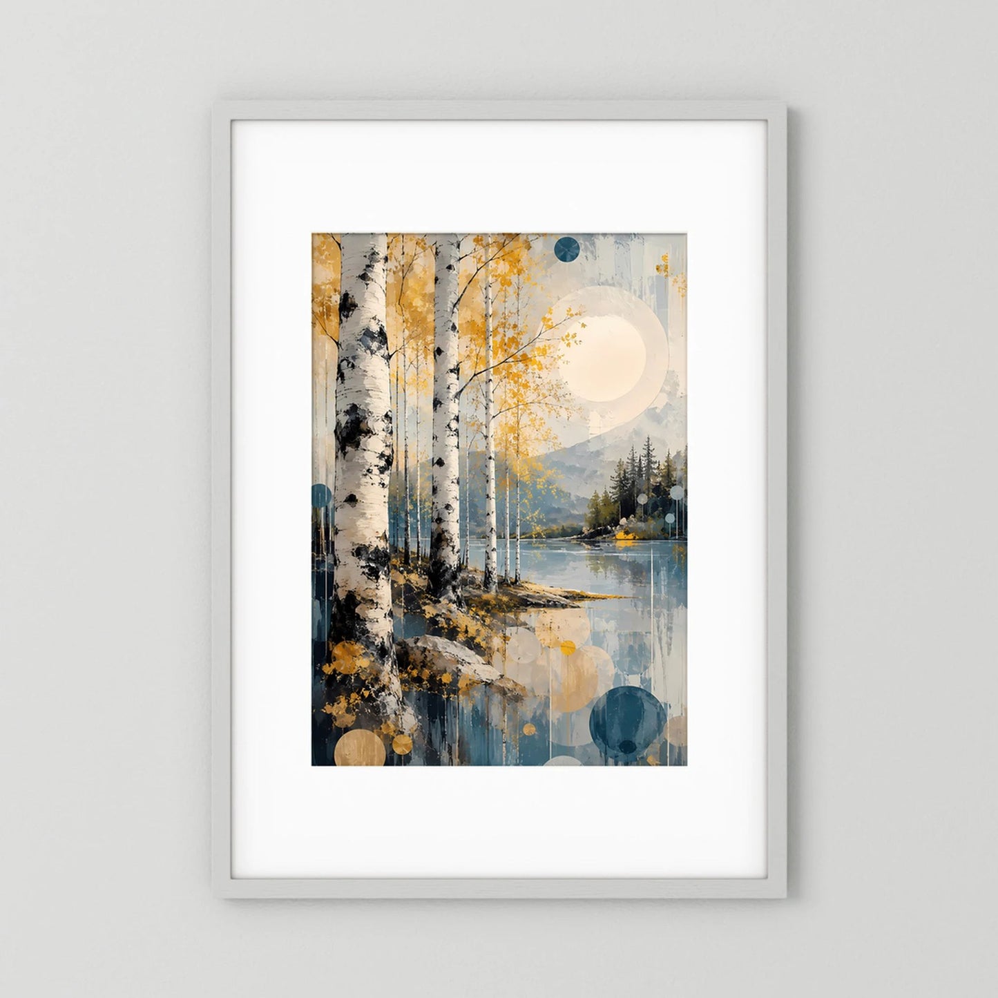 Gerahmtes Hochformatposter mit abstrakter Waldlandschaft in Gold- und Blautönen