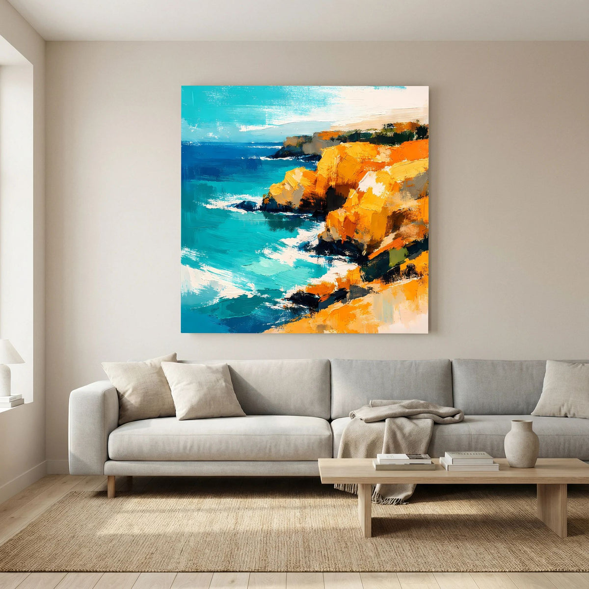 Leinwand Abstraktes Steilküsten Gemälde | Modernes Mediterranes Meeres Wandbild Blau Gelb