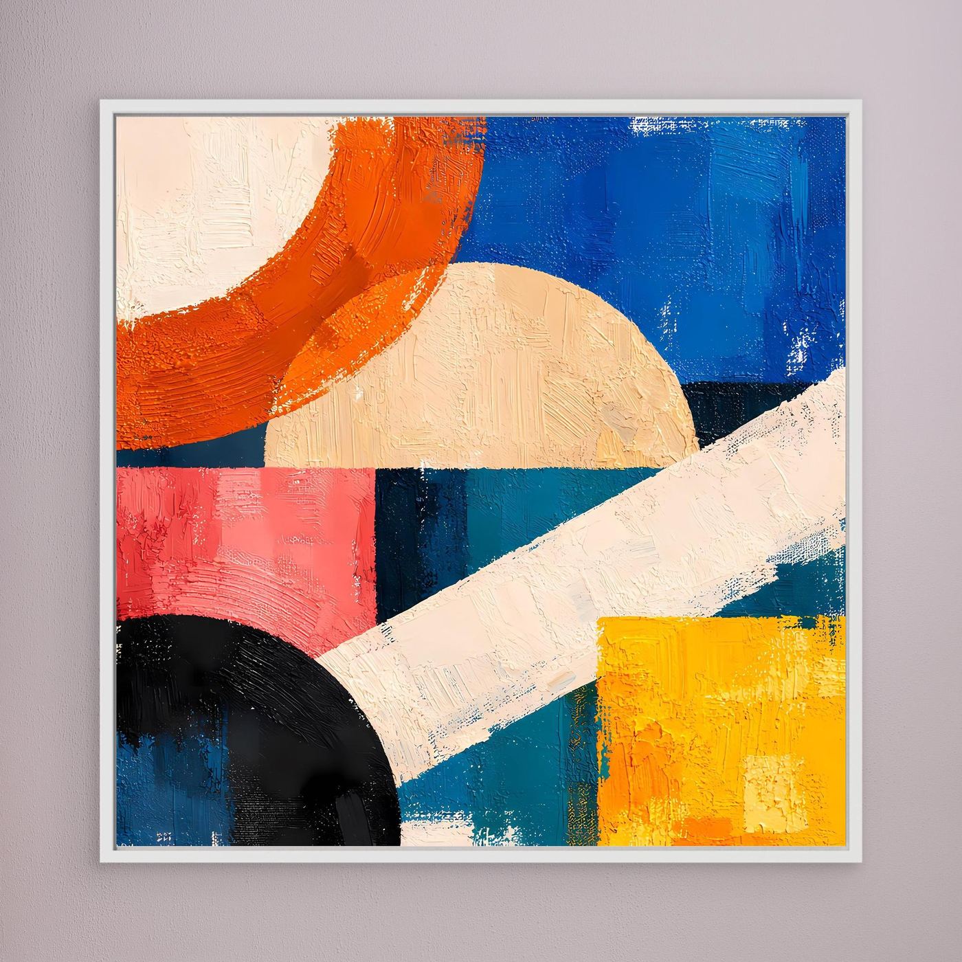 Abstract geometric canvas wall art with white frame, bold blue orange red and yellow forms