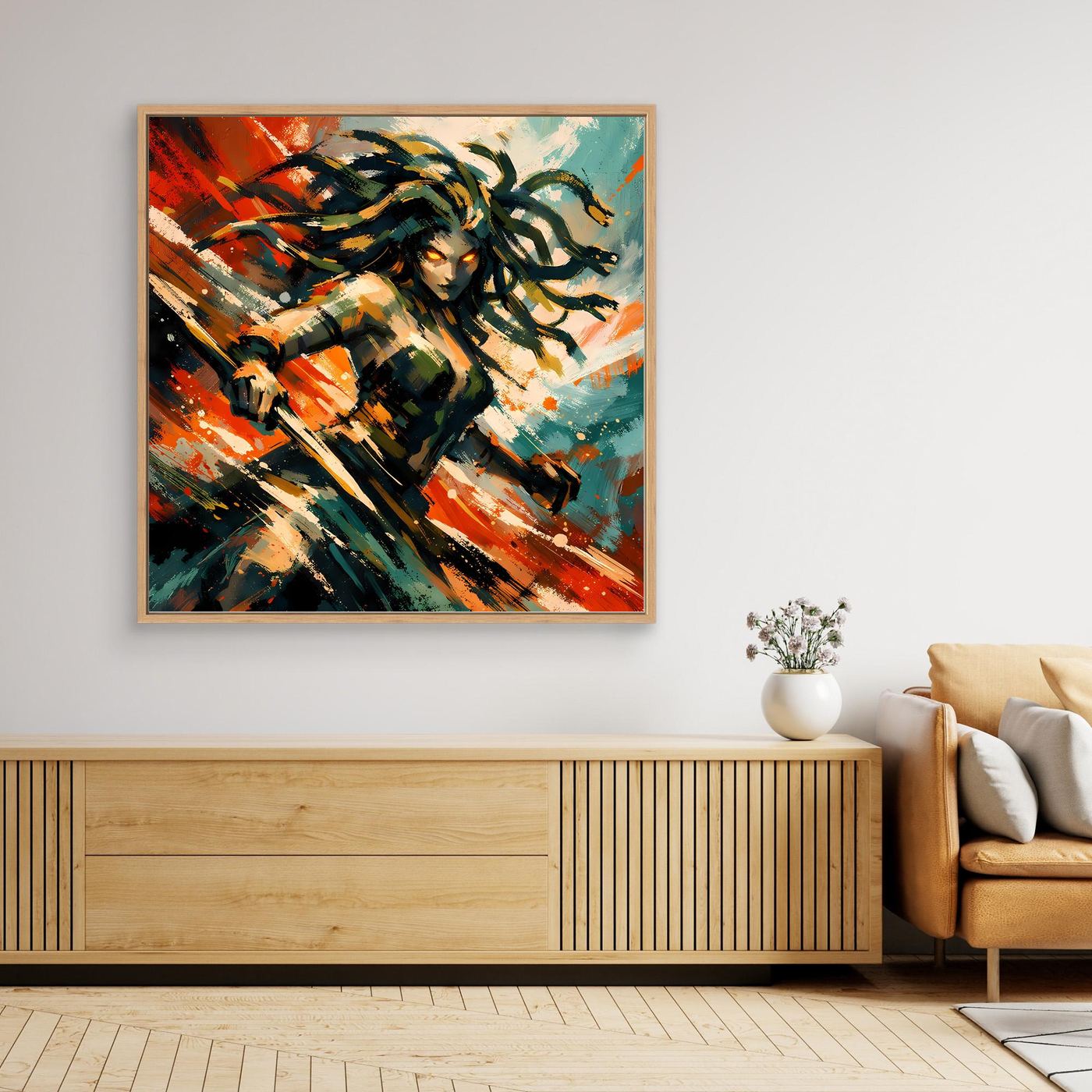 Leinwand Mythische Medusa im Action-Stil | Dynamisches Wandbild auf echter Leinwand