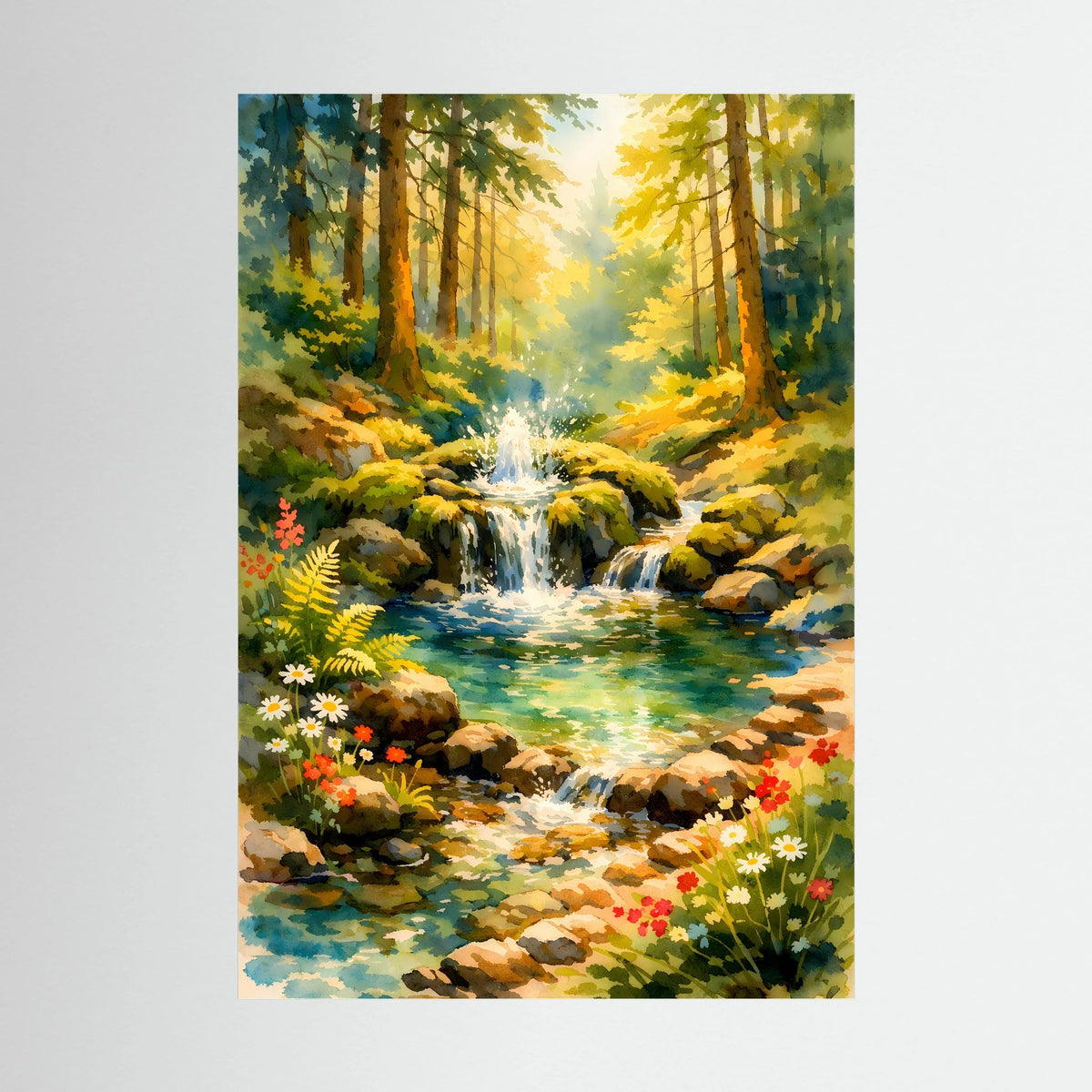 Aquarell-Poster mit Wasserfall und Bach im Wald, Blumen am Rand, ohne sichtbaren Rahmen