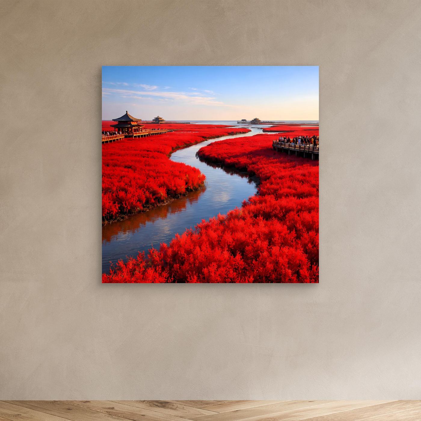 Leinwandbild: schmaler roter Fluss mit roter Ufervegetation und Stegen zur Seite