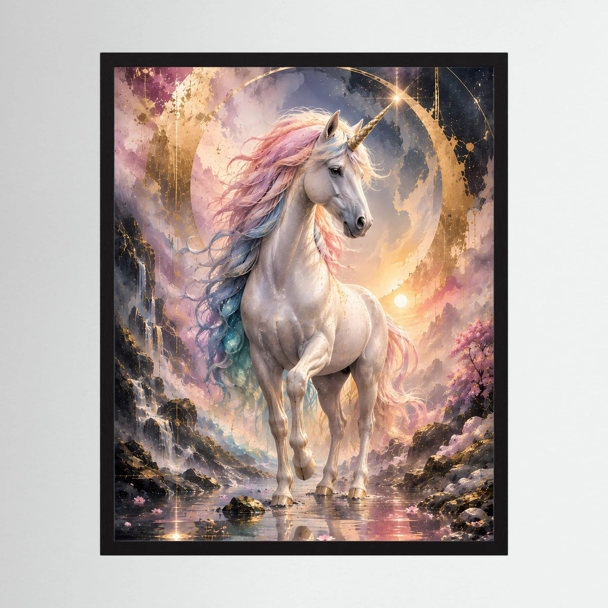 Einhorn-Poster im schwarzen Rahmen: silbernes Pferd mit pastellfarbener Mähne und goldenen Lichtpunkten