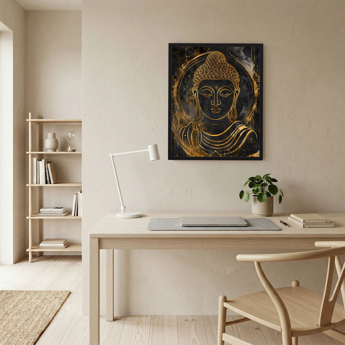 Buddha-Kunstposter im Rahmen mit goldener Büste und Lotusmotiv auf dunklem Grund