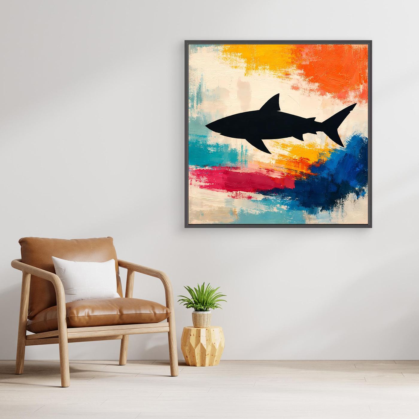 Leinwand Minimalistische Hai-Silhouette im Farbenmeer | Abstraktes Pop-Art Wandbild