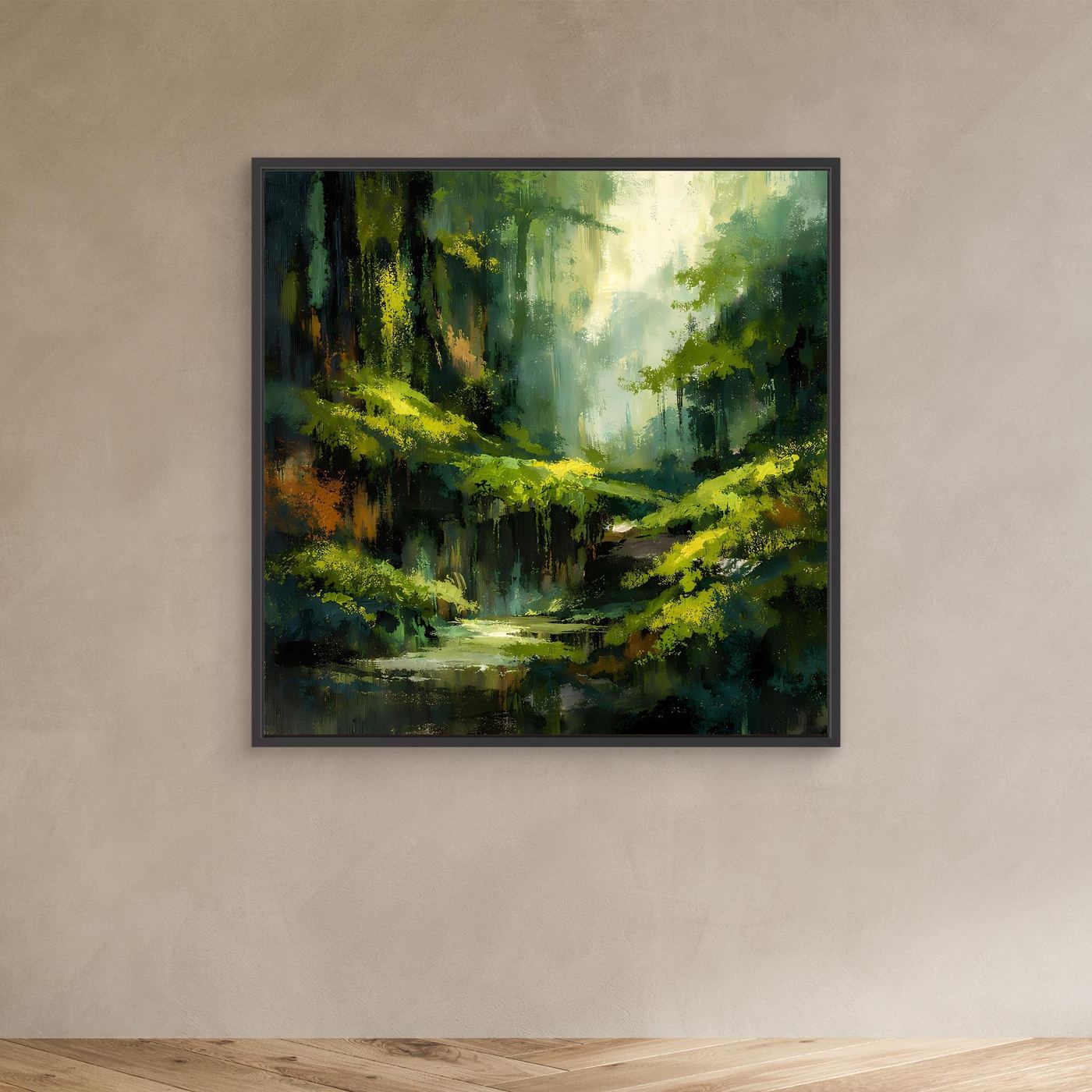 Leinwand-Wandbild mit schwarzem Rahmen, abstrakter Dschungelpfad und Grünfluss