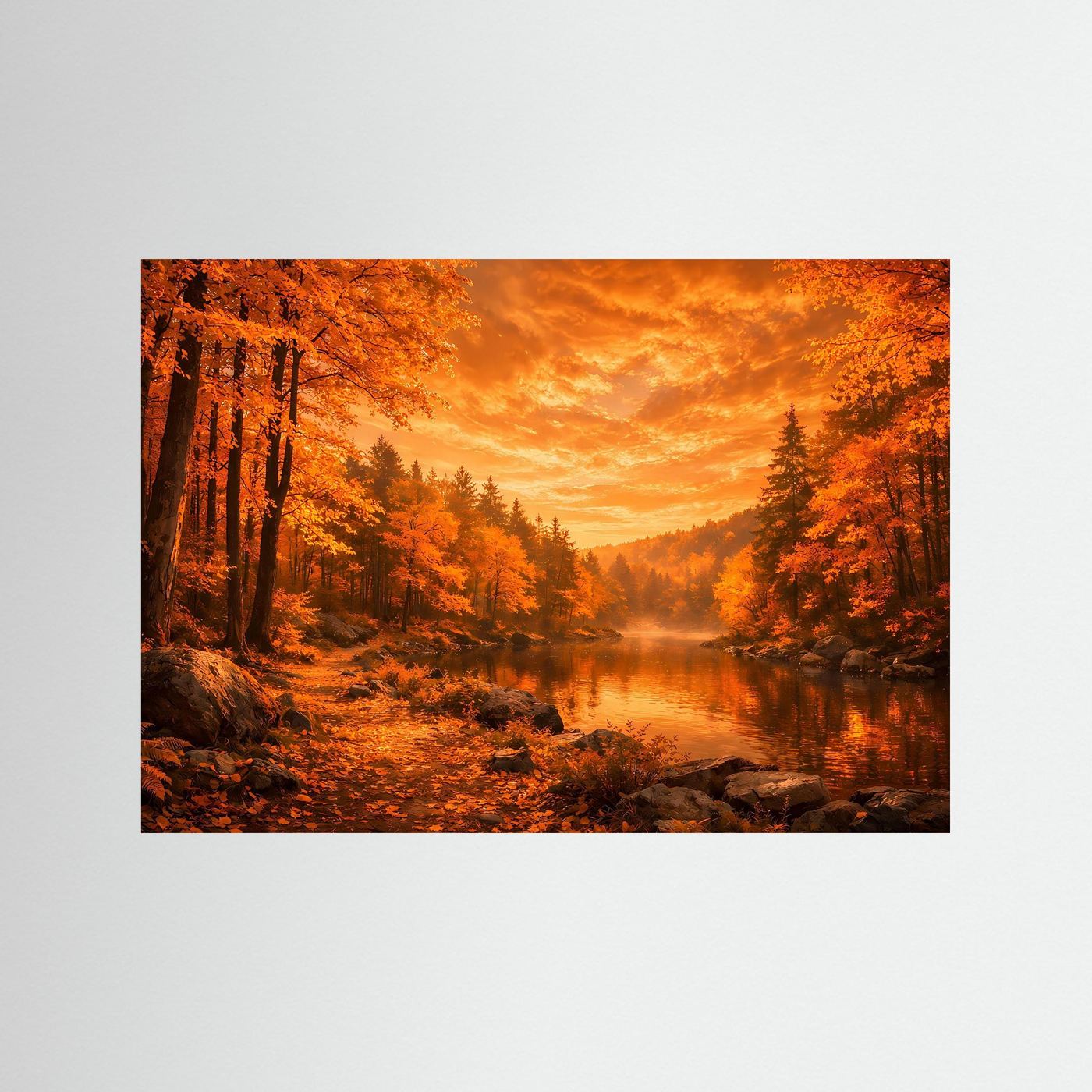 Poster Herbstwald am Flussufer | Goldener Herbstabend Wandbild