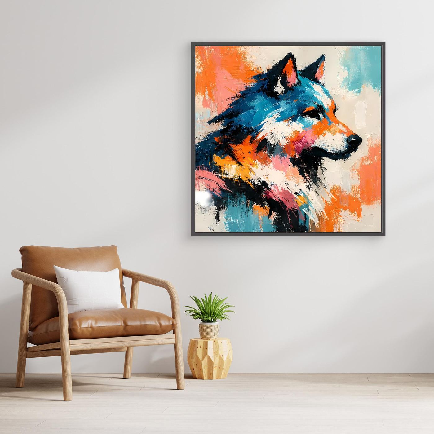 Leinwandbild mit abstraktem Wolf im Pop-Art-Stil im dunklen Rahmen, farbenfrohes Blau-Orange-Motiv
