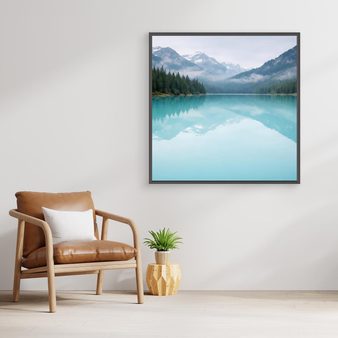 Leinwandbild mit türkisfarbenem Bergsee und Spiegelung im schwarzen Rahmen.