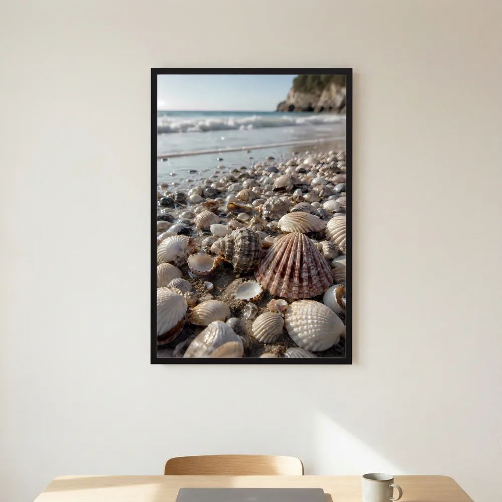 Hochformat-Poster mit Muscheln am Strand in sanften Naturfarben, schwarz gerahmt
