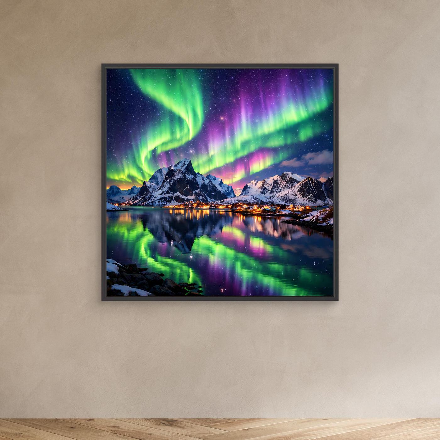 Leinwandbild mit Polarlichtern über Berglandschaft, schwarzer Rahmen