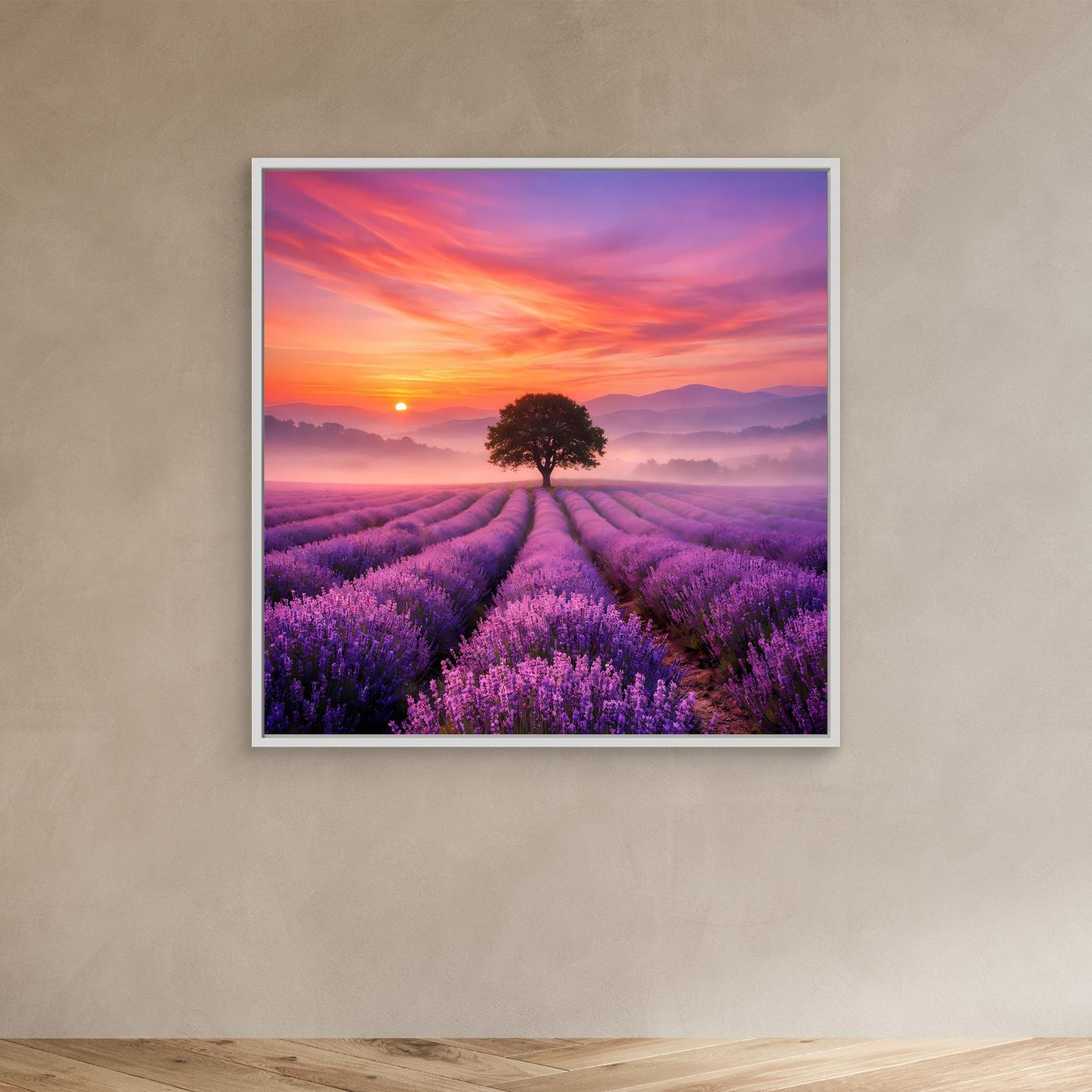Leinwandbild Lavendelfeld mit Sonnenaufgang und Baum, weißer Rahmen (kleine Ansicht)