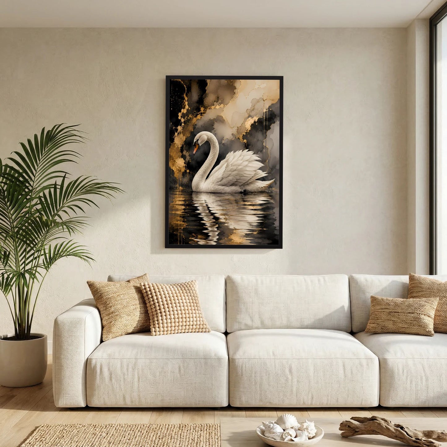 Schwanen-Poster im schwarzen Rahmen an der Wand, weißer Schwan mit Spiegelung