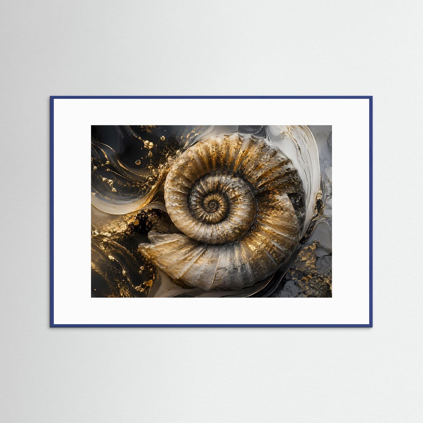 Ammonit Fossil Gold Schwarz | Luxuriöse Geologische Wandkunst | Abstraktes Natur Poster | Elegante Spiral Fossilie | Moderne Leinwand
