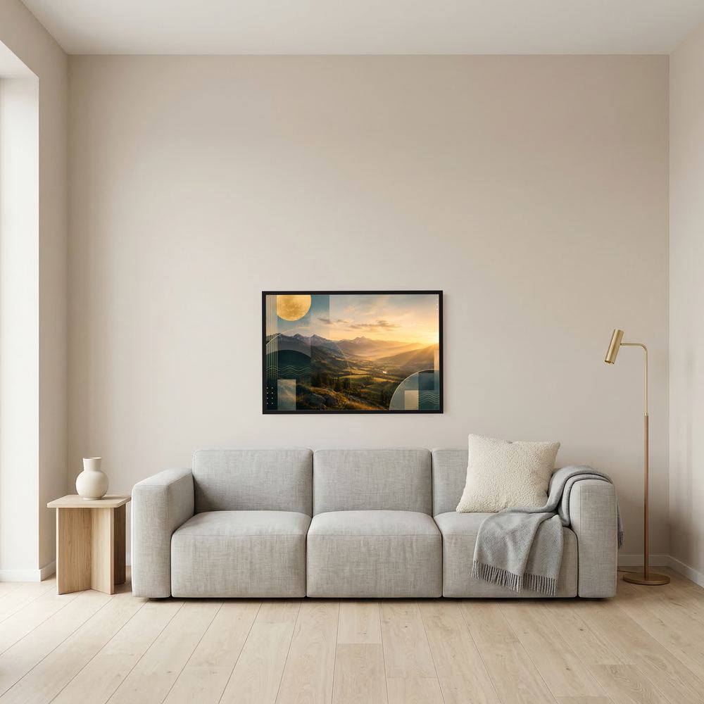 Kleines gerahmtes Poster mit abstrakten Bergen bei Sonnenuntergang, Goldtöne und Petrol, Querformat