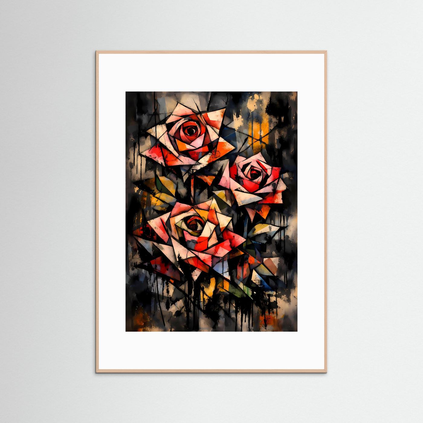 Geometrie der Liebe | Modernes Rosen Kunst Poster bunt | Abstraktes Kubismus Wandbild Hochformat