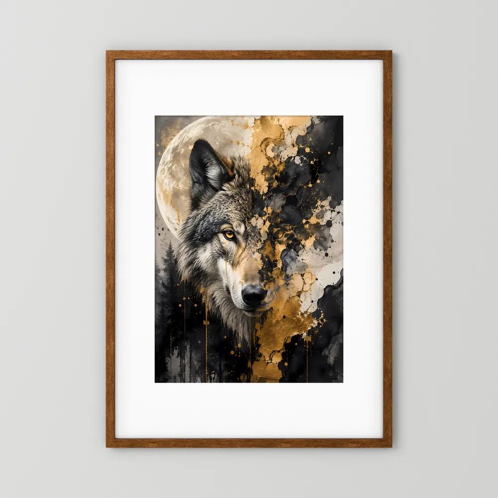 Hochformatiges Poster mit Wolfkopf, Mond und abstraktem Schwarz-Gold, brauner Holzrahmen