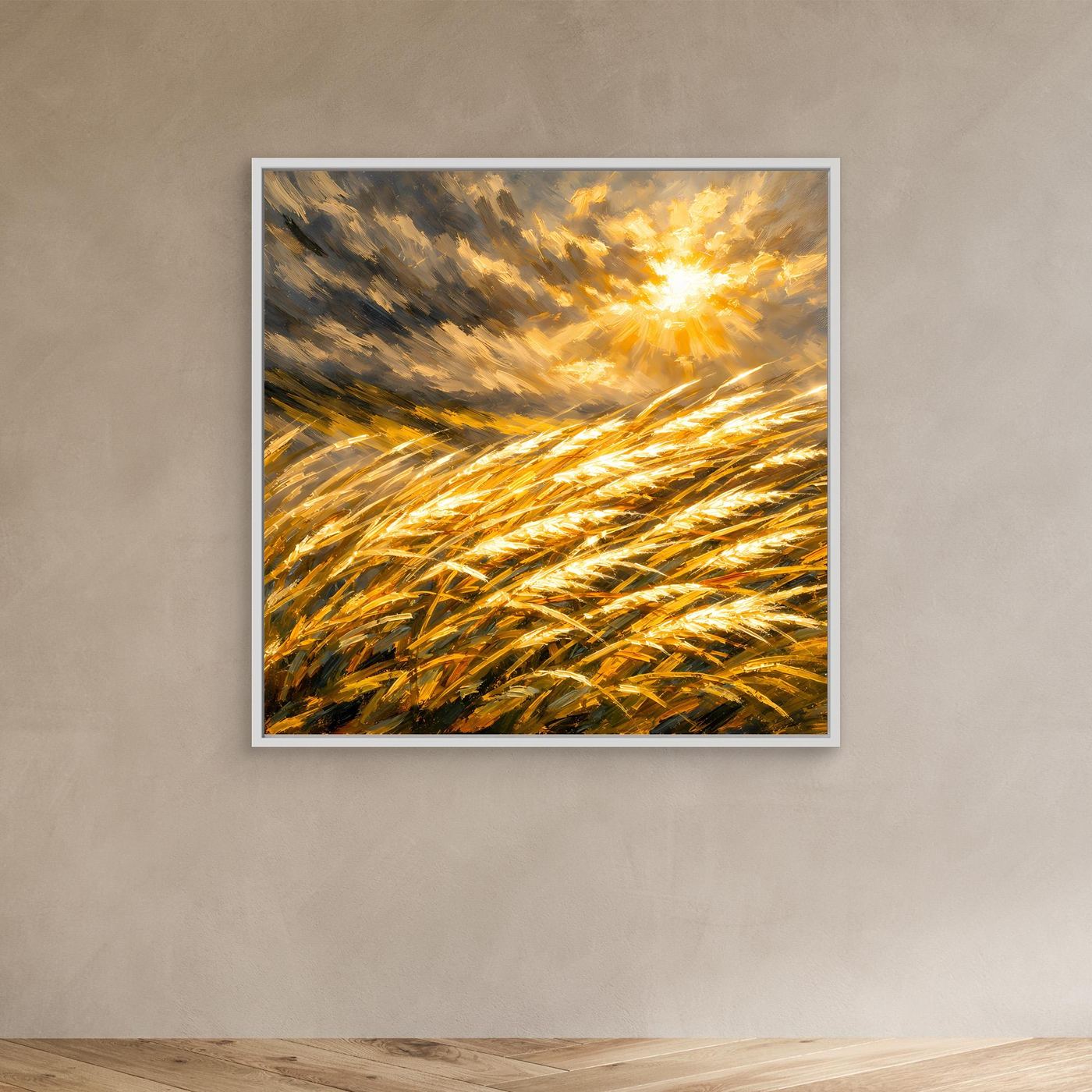 Leinwandbild mit goldenem Weizenfeld und Sonnenuntergang, weiß gerahmt