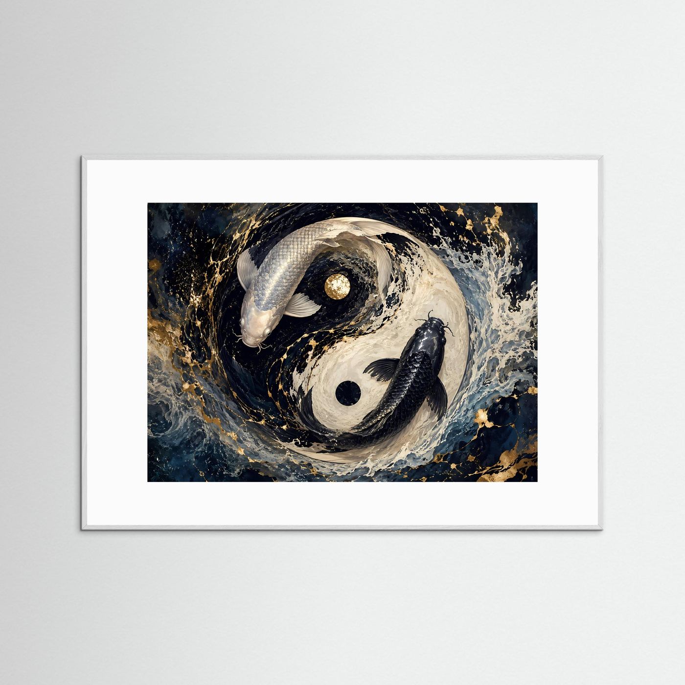Koi Fische Yin Yang in Schwarz Weiß & Gold | Asiatische Zen Wandkunst