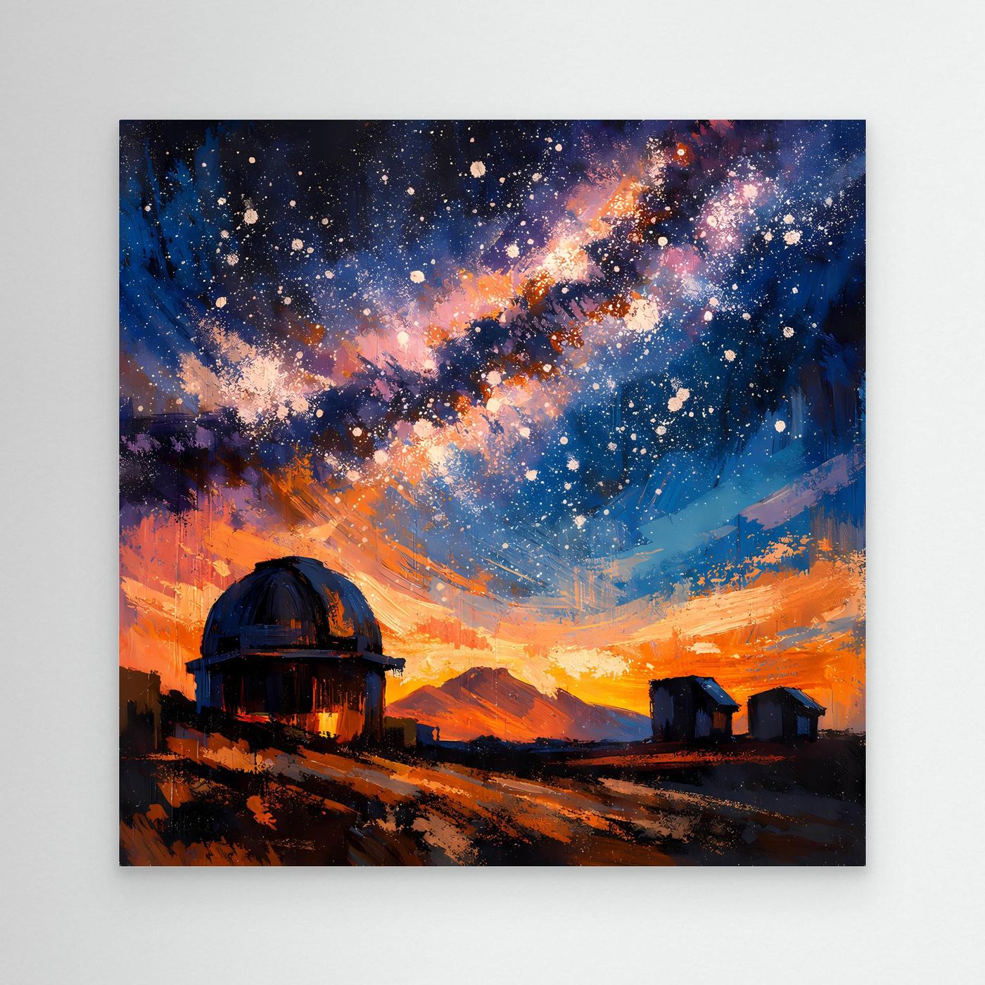 Leinwand-Wandbild mit Sternenhimmel, Milchstraße und Sternwarte im orange-blauen Farbverlauf