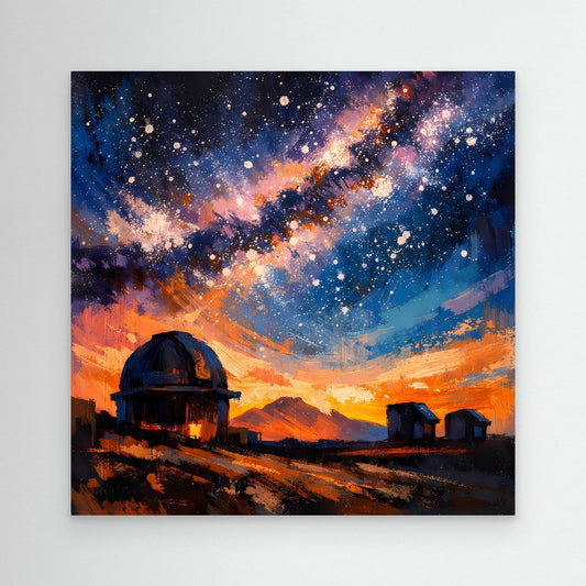 Leinwand-Wandbild mit Sternenhimmel, Milchstraße und Sternwarte im orange-blauen Farbverlauf