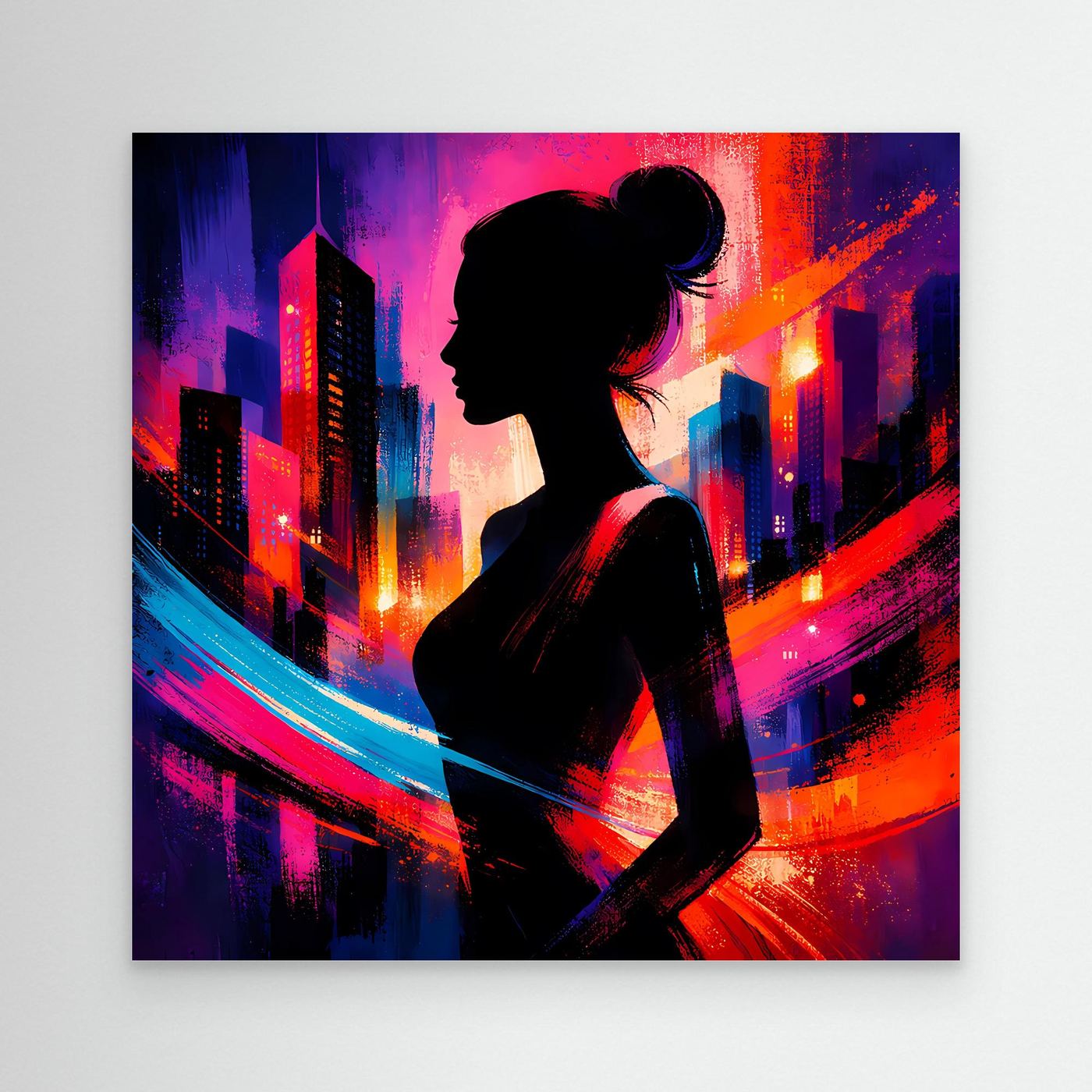Leinwandbild mit Silhouette einer Frau im Profil vor Neon-Skyline in Pink- und Blautönen
