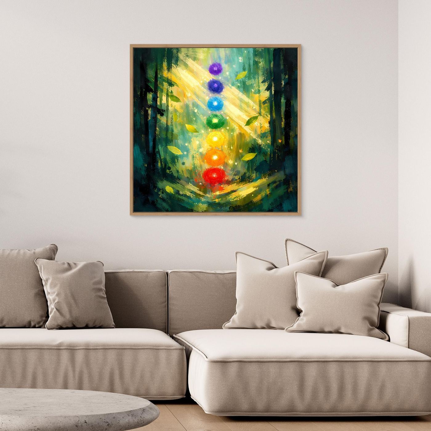 Wandbild auf Leinwand mit Rahmen: Chakra-Lichtpunkte im Wald, leuchtende Farben