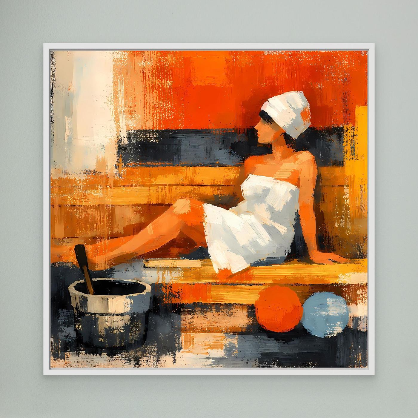 Framed canvas wall art close-up: abstract sauna woman seated, orange backdrop, bucket on table