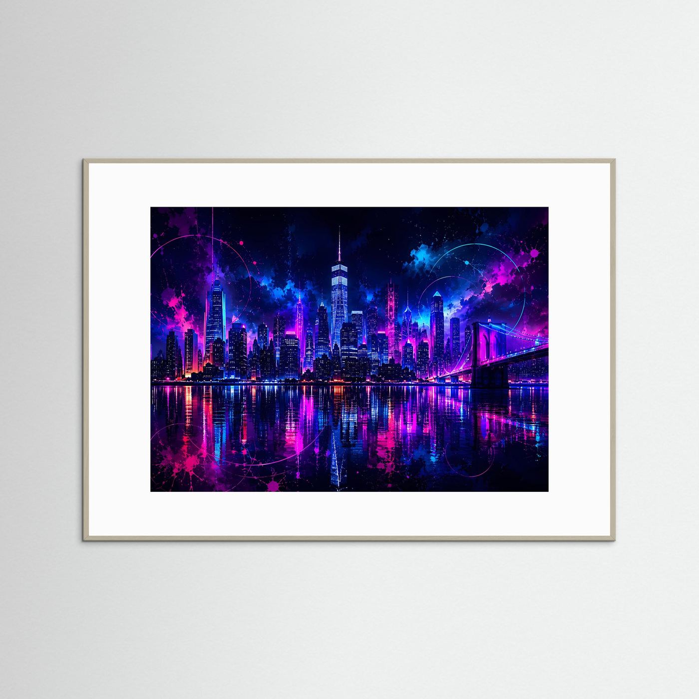 Neon New York Skyline Poster | Futuristische Cyberpunk Stadt bei Nacht | Moderne Wandkunst in Pink & Blau